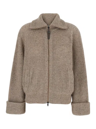 Brunello Cucinelli Wool High-neck Zip Front Cardigan With Ribbed Finishes In Brown