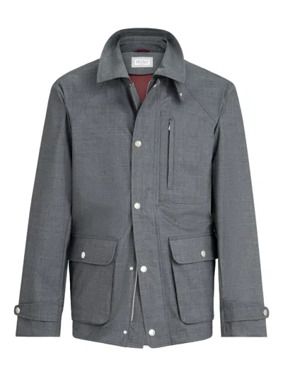 Brunello Cucinelli Field Wool Canvas Shirt Collar Jacket In Gray