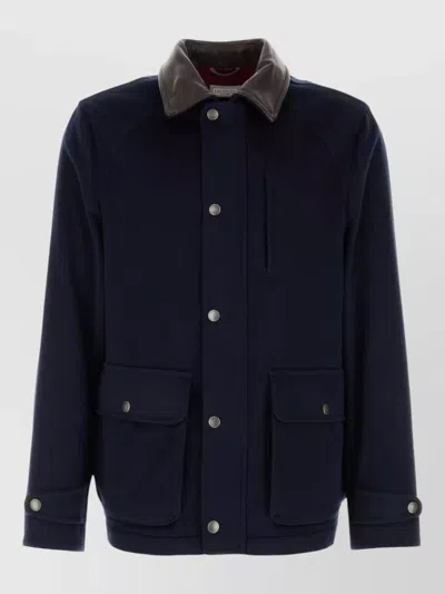 Brunello Cucinelli Wool Jacket Regular Fit Contrast Collar In Black