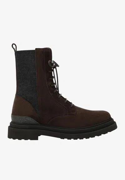 Brunello Cucinelli Wool Knit And Suede Ankle Boots In Brown