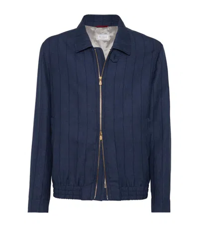 Brunello Cucinelli Wool-linen Blend Striped Bomber Jacket In Blue