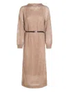 Brunello Cucinelli Hazelnut Color Midi Dress With Waist Belt In Nude