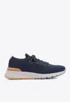 Brunello Cucinelli Leather-trimmed Stretch-knit Sneakers In Blue
