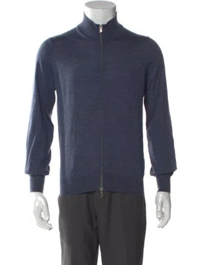 Pre-owned Brunello Cucinelli Wool Mock Neck Cardigan In Blue
