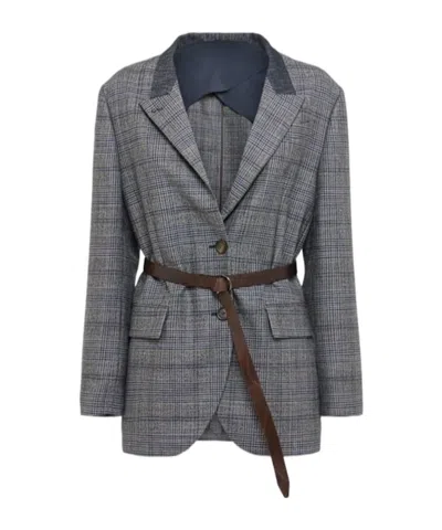 Brunello Cucinelli Wool Prince Of Wales Suit-type Blazer In Gray