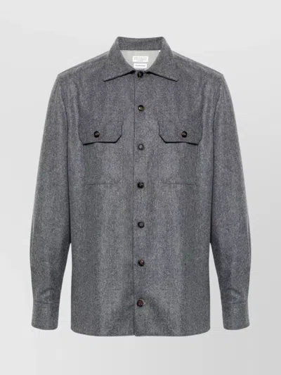 Brunello Cucinelli Wool Shirt With Straight Hem And Buttoned Hems In Gray