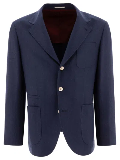 Brunello Cucinelli Wool, Silk And Cashmere Diagonal Deconstructed Blazer With Patch Pockets In Blue