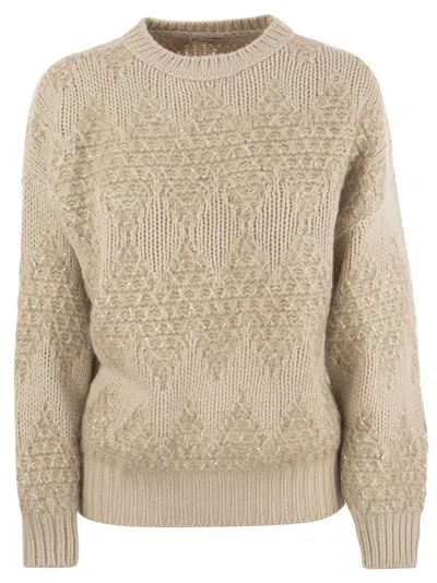 Brunello Cucinelli Lace Effect Winter Jacquard Wool Cashmere Sweater In Beige