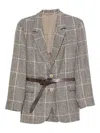 Brunello Cucinelli Belted Checked Wool Jacket With Pockets In Gray