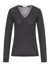 Brunello Cucinelli Wool Sweater With Contrasting Trim In Gray