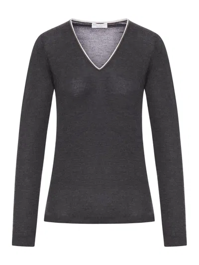 Brunello Cucinelli Wool Sweater With Contrasting Trim In Gray