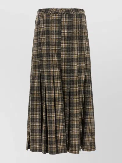 Brunello Cucinelli Wool Tartan Pleated Maxi Skirt In Brown