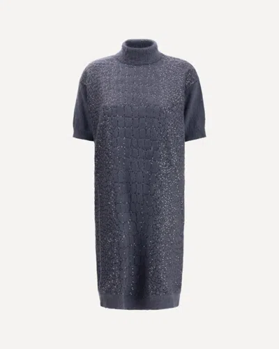 Brunello Cucinelli Wool Turtleneck Dress In Gray