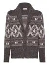Brunello Cucinelli Wool Cardigan V-neck Geometric Pattern In Gray