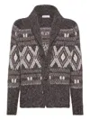 Brunello Cucinelli Wool Cardigan V-neck Geometric Pattern In Gray