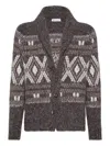 Brunello Cucinelli Wool Cardigan V-neck Geometric Pattern In Gray