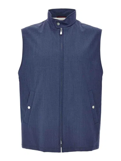 Brunello Cucinelli Wool Vest With Sleeveless Design And Button Accents In Azul