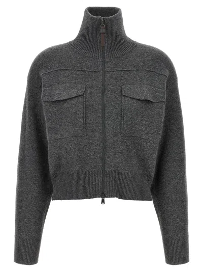 Brunello Cucinelli Wool Zip-front Crop Cardigan In Gray