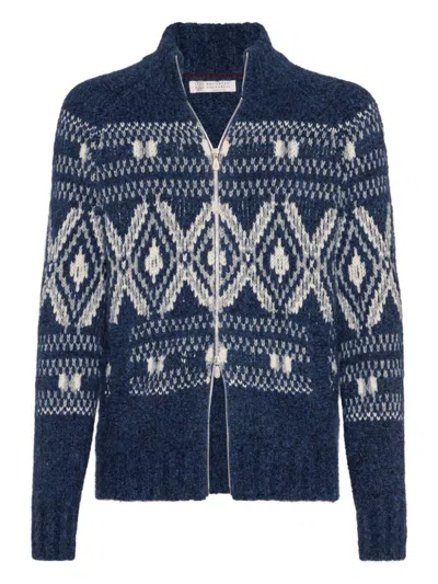 Brunello Cucinelli Wool Zipped Cardigan In Blue