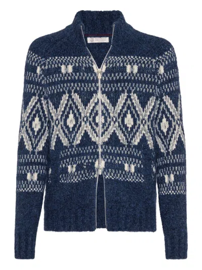 Brunello Cucinelli Wool Zipped Cardigan In Blue