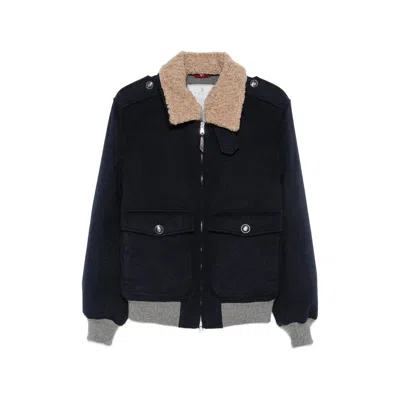 Brunello Cucinelli Wool-blend With Contrast Collar Jacket In Blue