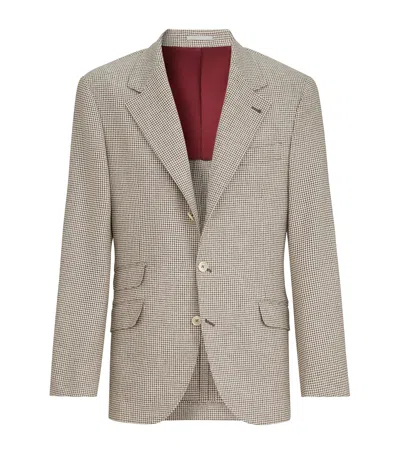 Brunello Cucinelli Wool-silk Houndstooth Deconstructed Cavallo Blazer In White