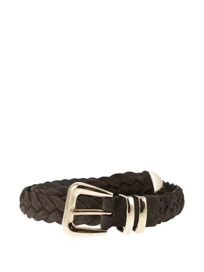 Brunello Cucinelli Men Reversed Calfskin Belt With Braided Tip In Brown