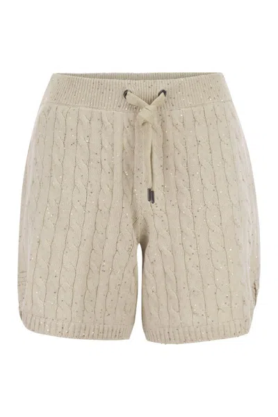 BRUNELLO CUCINELLI WOVEN COTTON SHORTS WITH SEQUINS FOR WOMEN