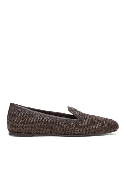 Brunello Cucinelli Woven Slip-on Brown Shoes With Elegant Detailing In Blue