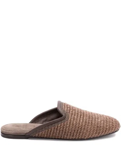 Brunello Cucinelli Woven Slippers In Silver