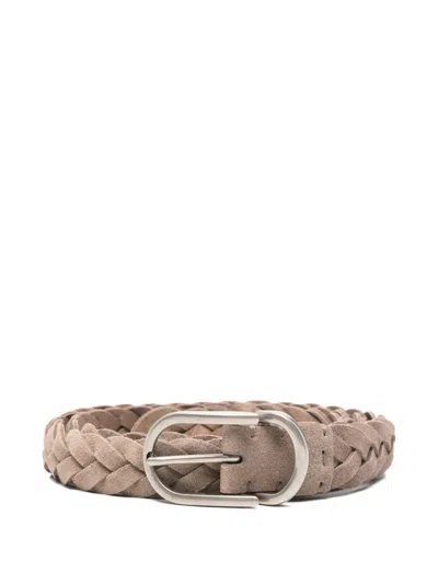 Brunello Cucinelli Woven Suede Belt With Rounded Buckle And Metal Loop In Brown
