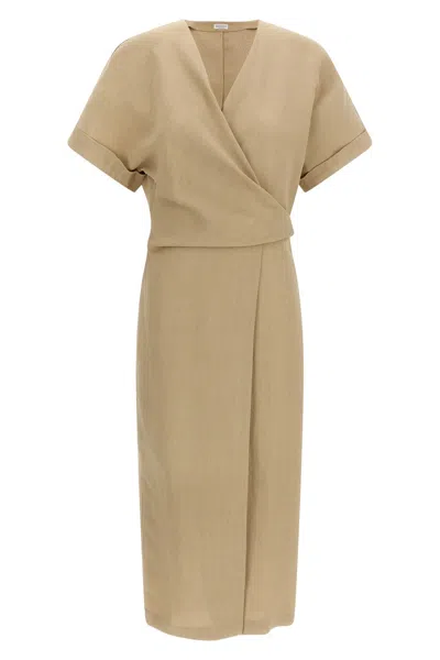 Brunello Cucinelli Short Sleeve Belted Wrap Dress V Neckline In Nude