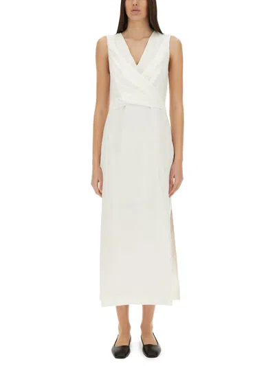 Brunello Cucinelli White Solid V Neck Midi Dress