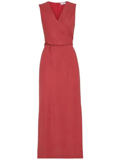 Brunello Cucinelli Wrap Effect Linen Dress In Red