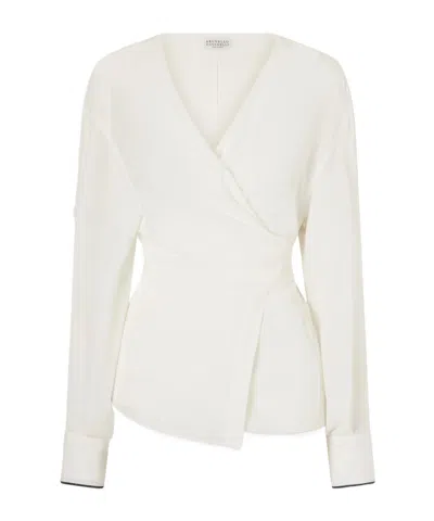 Brunello Cucinelli Wrap Silk Blouse In White