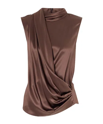 Brunello Cucinelli Wrap-effect Sleeveless Draped Silk-blend Satin Blouse In Brown