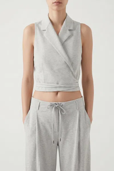 Brunello Cucinelli Wrap-front Notched Lapel Sleeveless Blouse In Gray