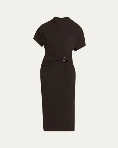 Brunello Cucinelli Wrap-waist Midi Dress W/ Monili In Brown