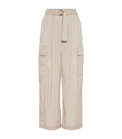 Brunello Cucinelli Women's Wrinkled Cloth Cargo Trousers With Belt And Monili In Oyster