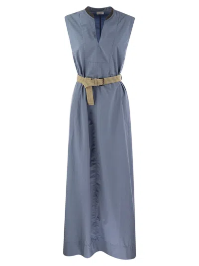 Brunello Cucinelli Wrinkled Light Cotton Poplin Dress With Raffia Belt And Precious Neckline In Avio