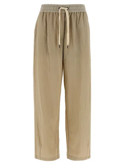 Brunello Cucinelli Wrinkled Viscose Trousers With Adjustable Drawstring In Neutral