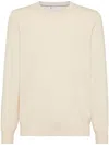 Brunello Cucinelli Crew Neck Cashmere Sweater With Ribbed Cuffs In Beige
