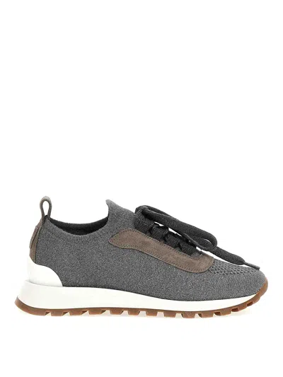 Brunello Cucinelli Low Top Sneakers With Contrast Sole And Textured Panels In Gray