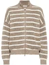 Brunello Cucinelli Beige Cardigan With High Neck And All-over Striped Motif In Linen Blend Woman In Beige