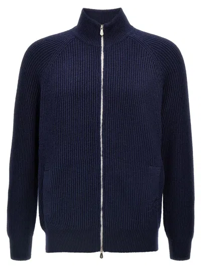 Brunello Cucinelli Ribbed-knit Cotton Zip-up Sweater In Blue