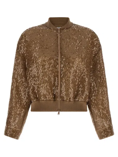 Brunello Cucinelli Sequin-embroidered Silk Cardigan In Brown