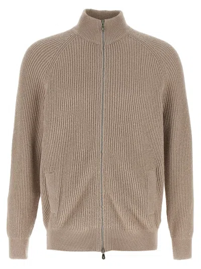 Brunello Cucinelli Zip Cardigan Sweaters And Cardigans In Beige