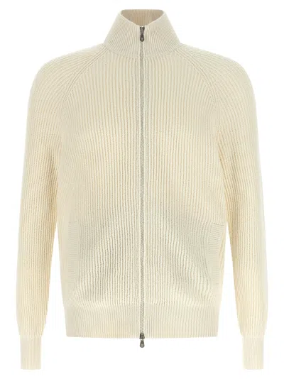BRUNELLO CUCINELLI ZIP CARDIGAN SWEATERS AND CARDIGANS WHITE