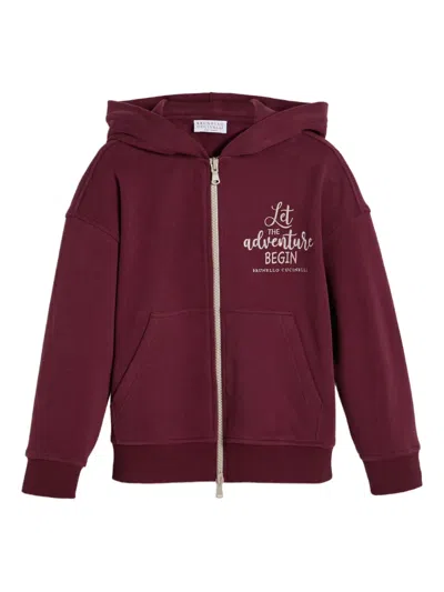 Brunello Cucinelli Kids' Zip Cotton Hoodie In Red
