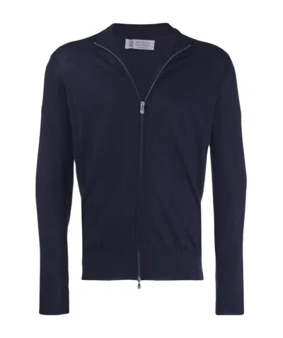 Brunello Cucinelli Zip Fine Knit Cardigan In Dark Blue